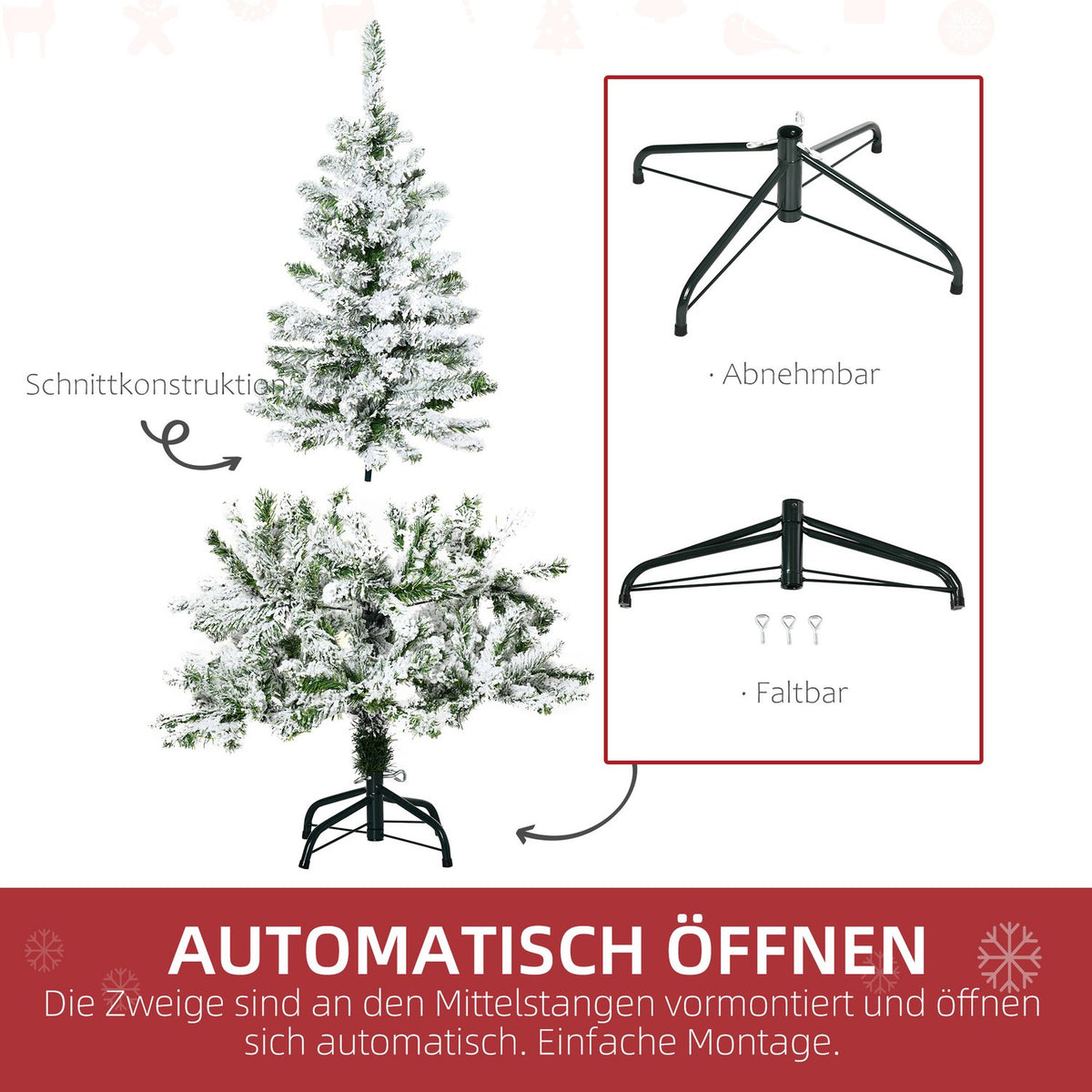 Artificial Christmas tree, 120 cm artificial pine with artificial snow, with 200 branch tips, foldable base, for Christmas party, indoor, green