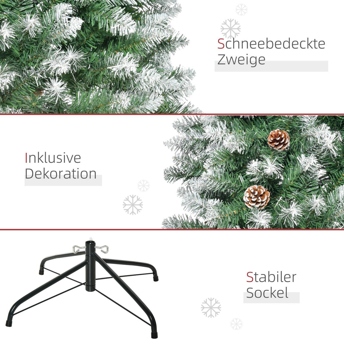 Artificial Christmas tree, 180 cm Christmas tree with artificial snow, 630 branch tips, foldable base, for Christmas parties, indoor, green + white
