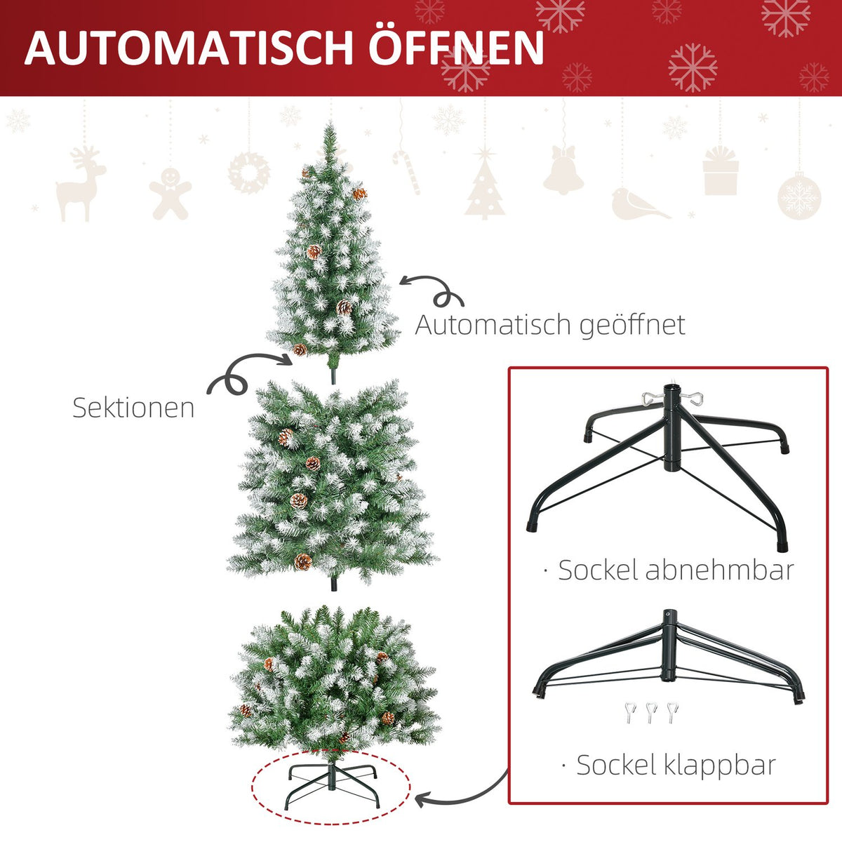 Artificial Christmas tree, 180 cm Christmas tree with artificial snow, 630 branch tips, foldable base, for Christmas parties, indoor, green + white