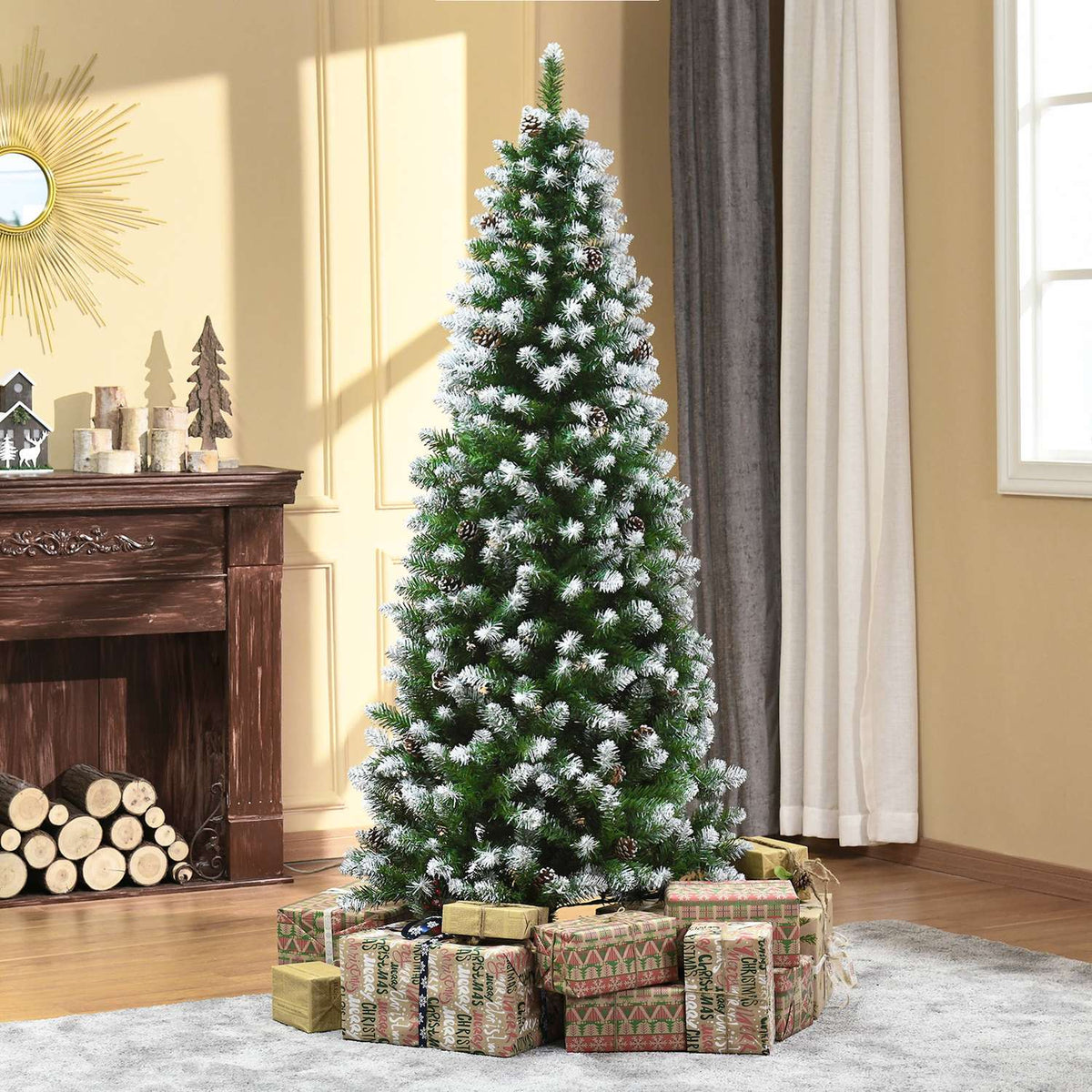 Artificial Christmas tree, 180 cm Christmas tree with artificial snow, 630 branch tips, foldable base, for Christmas parties, indoor, green + white