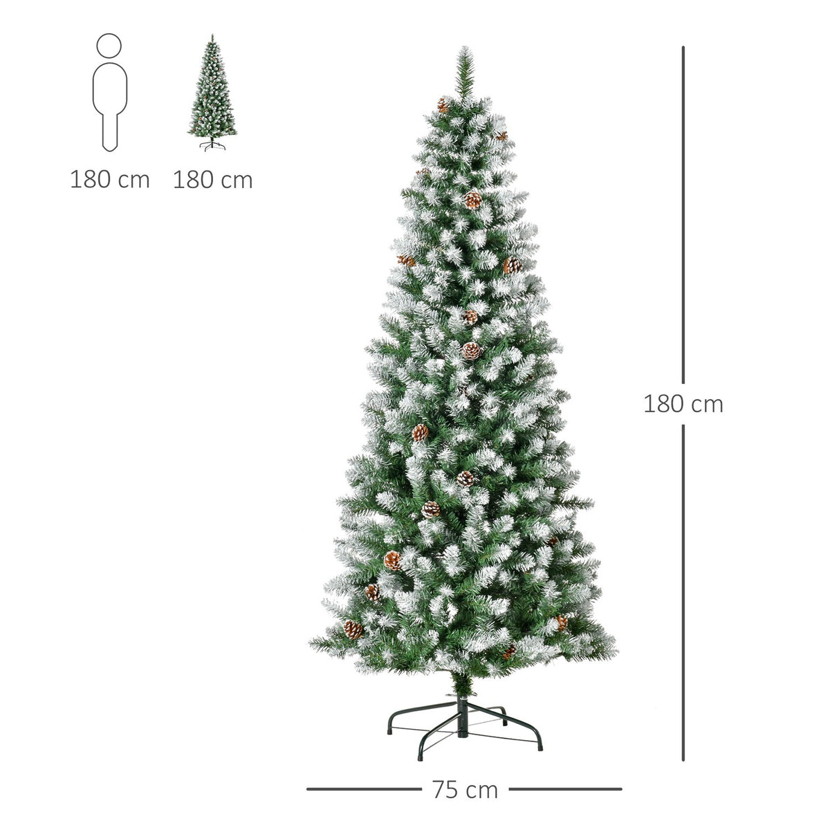 Artificial Christmas tree, 180 cm Christmas tree with artificial snow, 630 branch tips, foldable base, for Christmas parties, indoor, green + white