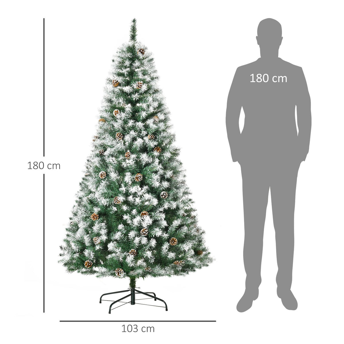 Artificial Christmas tree, 180 cm Christmas tree with artificial snow, 800 branch tips, foldable base, for Christmas parties, indoor, green + white