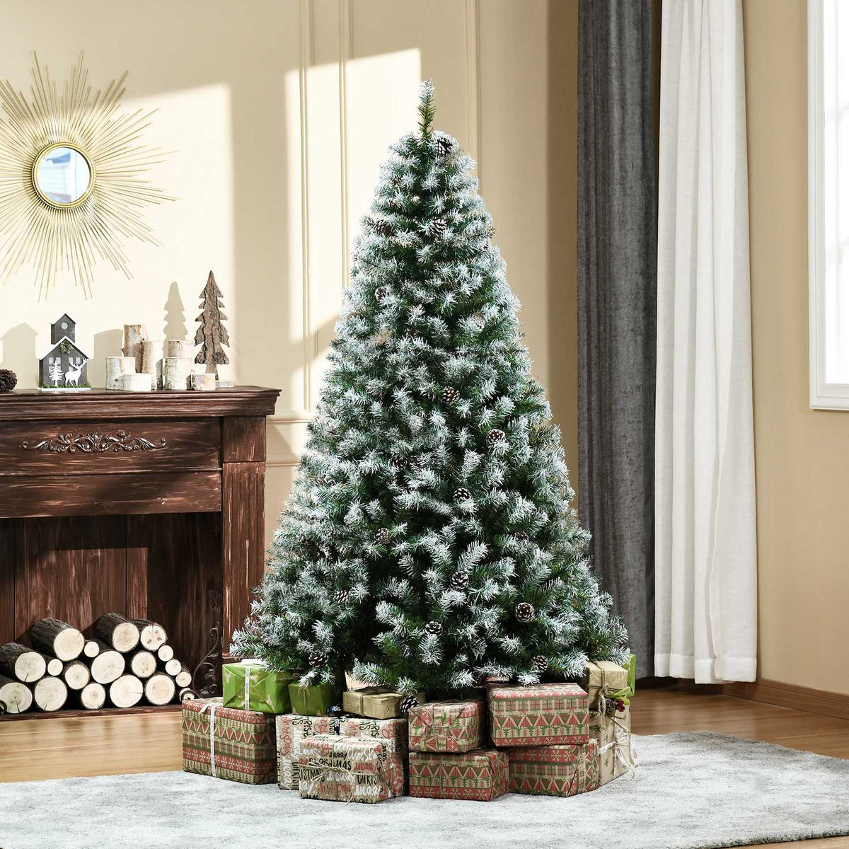 Artificial Christmas tree, 180 cm Christmas tree with artificial snow, 800 branch tips, foldable base, for Christmas parties, indoor, green + white