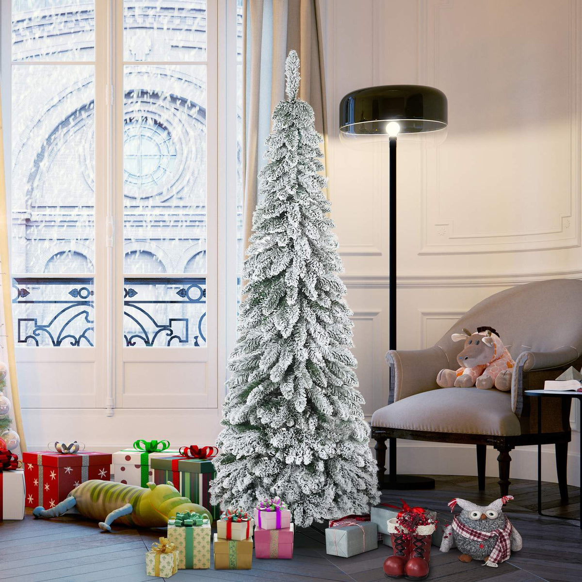 Artificial Christmas tree 180 cm artificial Christmas tree with artificial snow and base, 523 branch tips for festive decoration