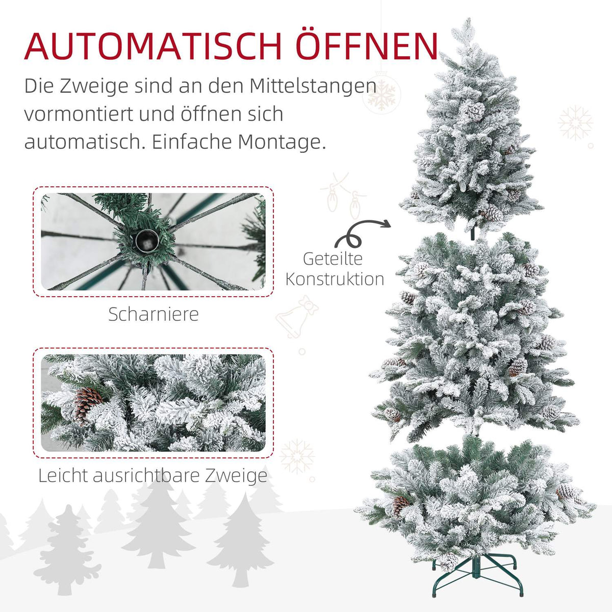 Artificial Christmas tree 180 cm with 1489 tips and artificial snow foldable with metal stand for festive Christmas decoration in green