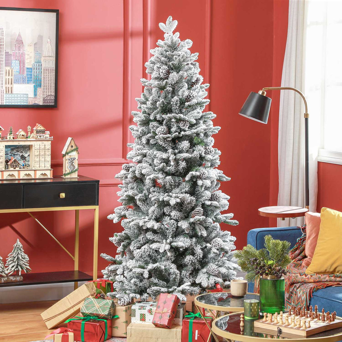 Artificial Christmas tree 180 cm with 1489 tips and artificial snow foldable with metal stand for festive Christmas decoration in green