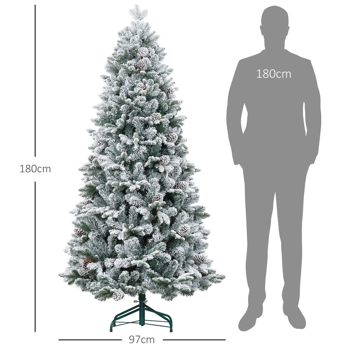 Artificial Christmas tree 180 cm with 1489 tips and artificial snow foldable with metal stand for festive Christmas decoration in green