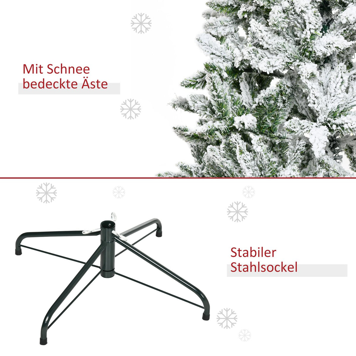 Artificial Christmas tree, 180 cm with artificial snow, with 750 branch tips, foldable base, for Christmas parties, indoor, green + white