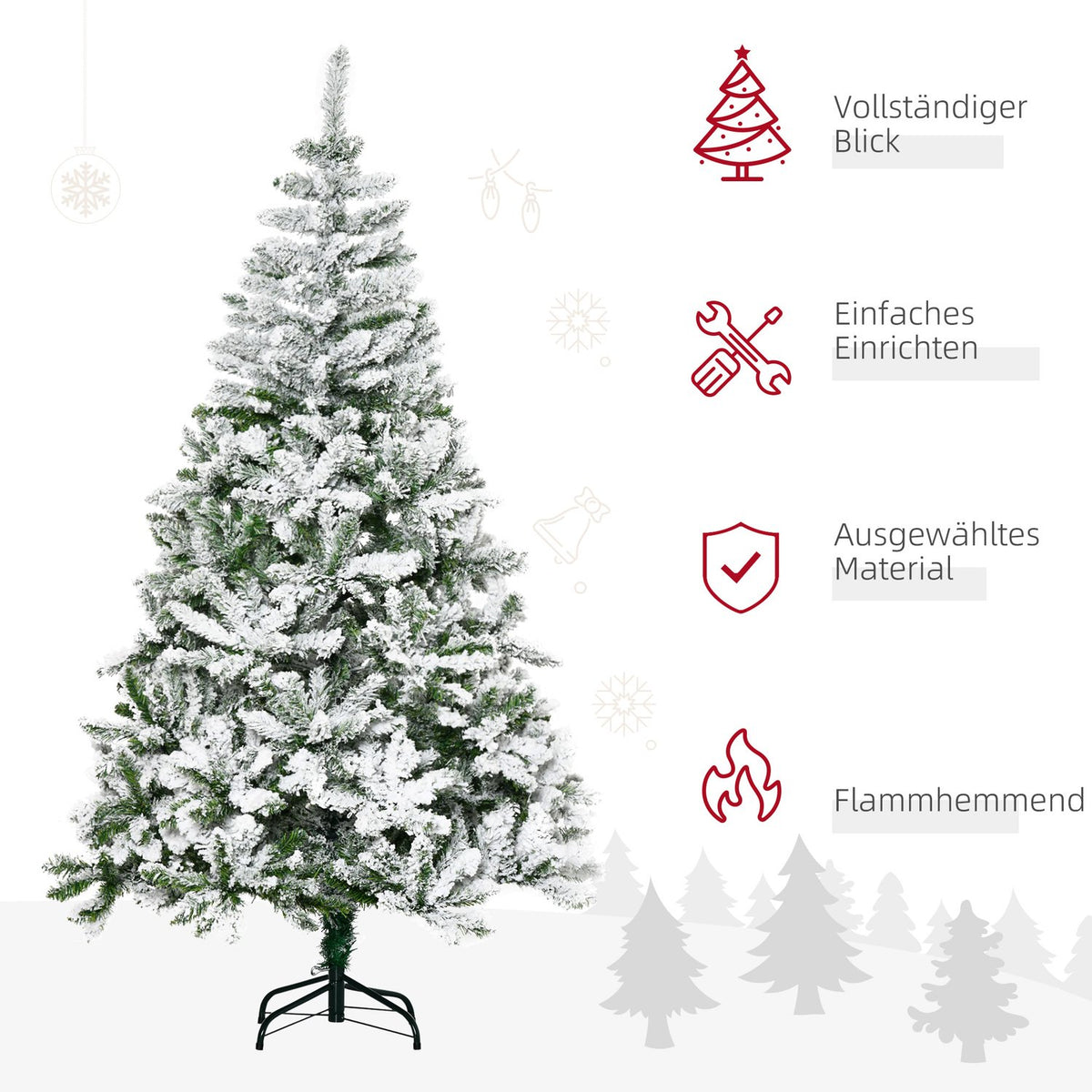 Artificial Christmas tree, 180 cm with artificial snow, with 750 branch tips, foldable base, for Christmas parties, indoor, green + white