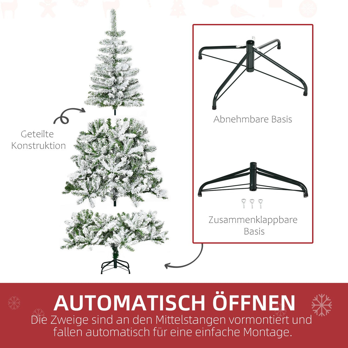 Artificial Christmas tree, 180 cm with artificial snow, with 750 branch tips, foldable base, for Christmas parties, indoor, green + white