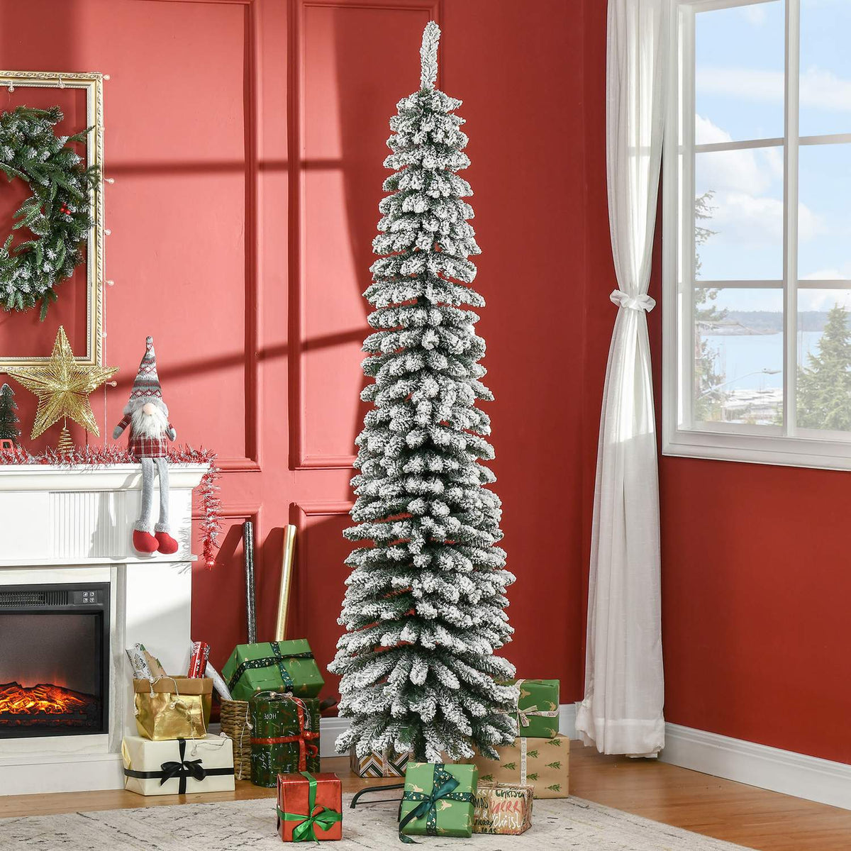 Artificial Christmas tree 210 cm with 490 tips and artificial snow foldable with metal stand for festive Christmas decoration in green and white