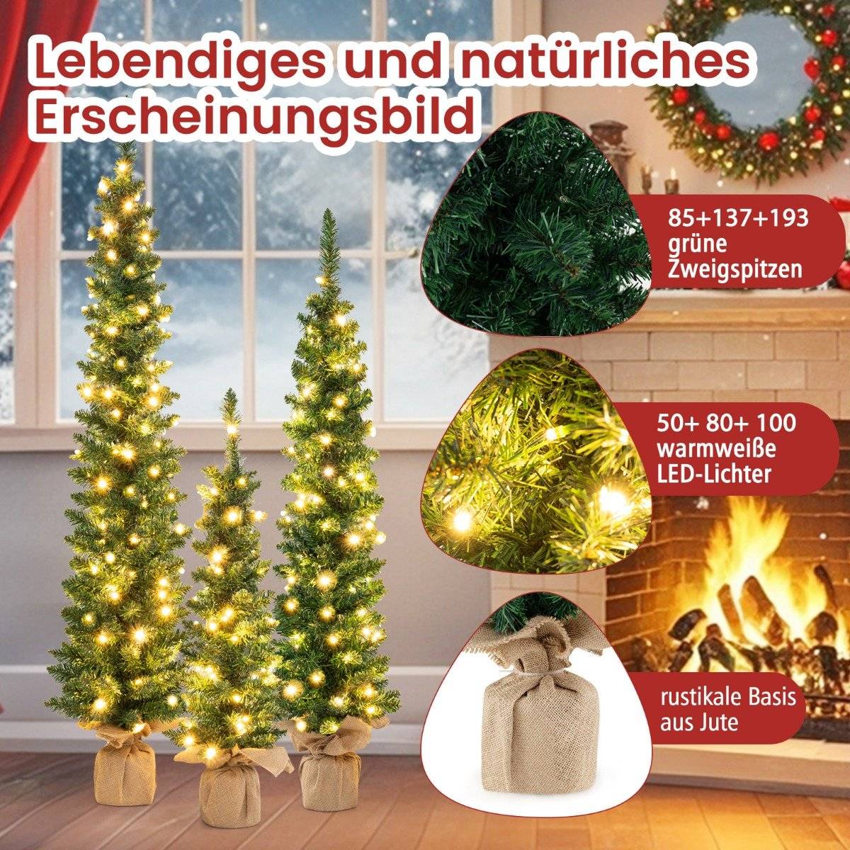 Artificial Christmas tree set of 3 pencil Christmas tree with lighting green