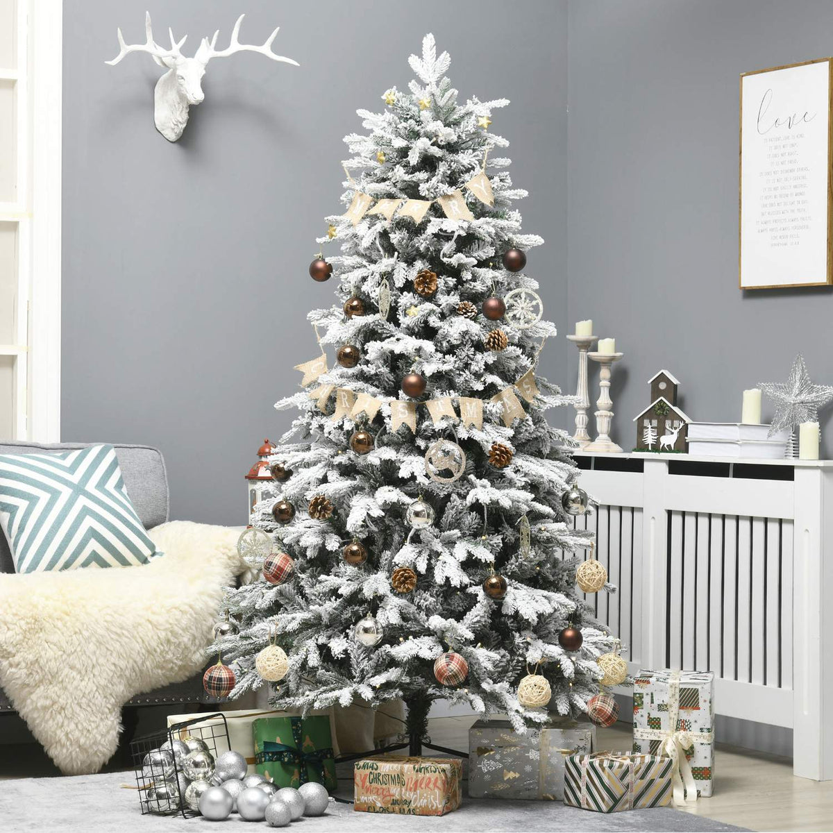 Artificial Christmas tree with light, 180 cm artificial fir with artificial snow, base, artificial Christmas tree with 888 branch tips for Christmas, indoor