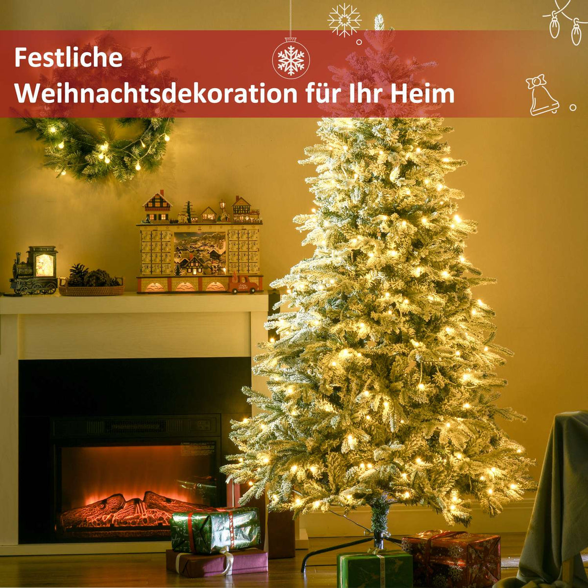 Artificial Christmas tree with light, 180 cm artificial fir with artificial snow, base, artificial Christmas tree with 888 branch tips for Christmas, indoor