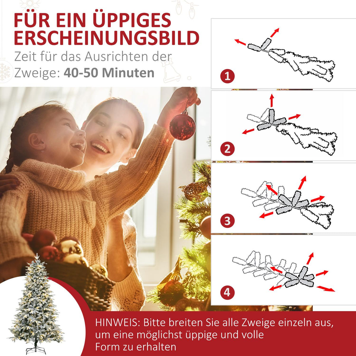 Artificial Christmas tree with light, 180 cm artificial fir with artificial snow, base, artificial Christmas tree with 888 branch tips for Christmas, indoor