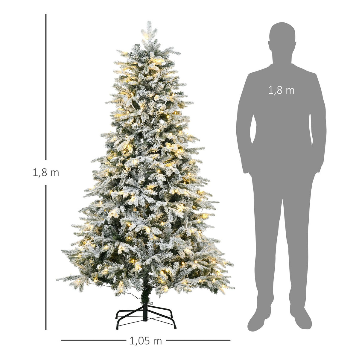 Artificial Christmas tree with light, 180 cm artificial fir with artificial snow, base, artificial Christmas tree with 888 branch tips for Christmas, indoor
