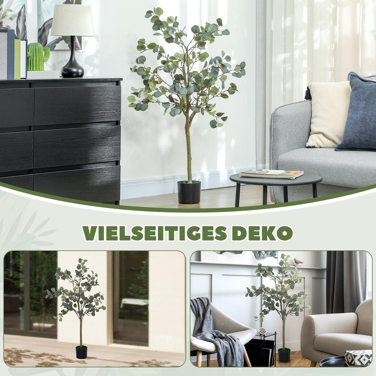 Artificial Eucalyptus Tree Large 150 cm Artificial Plant Artificial Plants Eucalyptus in Pot, Artificial Tree Like Real with Artificial Grass, Cement for Living Room, Bedroom, Office, Garden