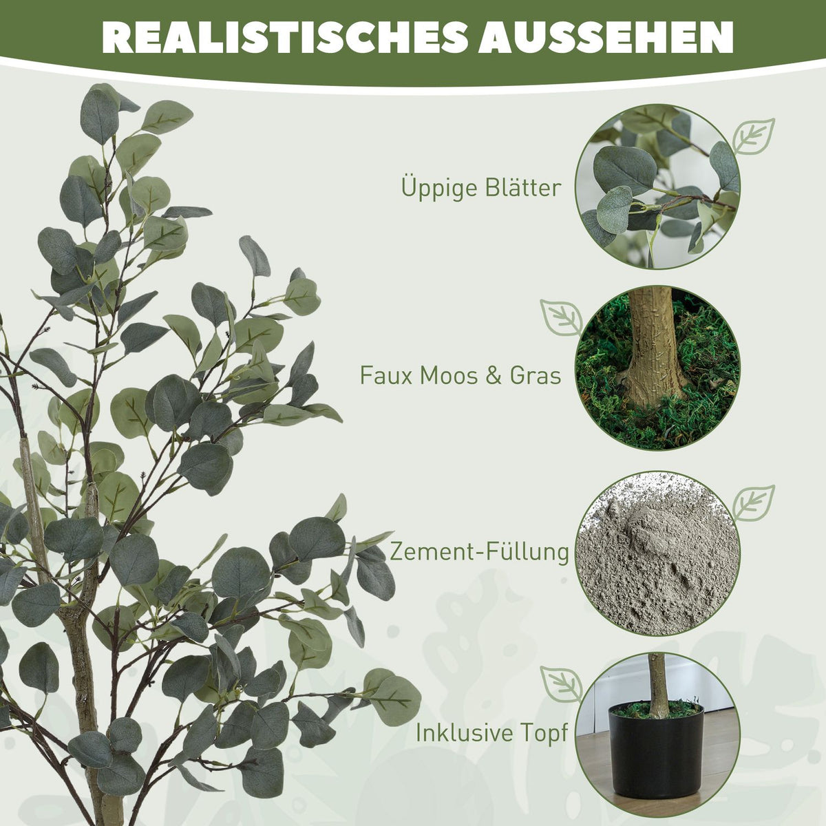 Artificial Eucalyptus Tree Large 150 cm Artificial Plant Artificial Plants Eucalyptus in Pot, Artificial Tree Like Real with Artificial Grass, Cement for Living Room, Bedroom, Office, Garden