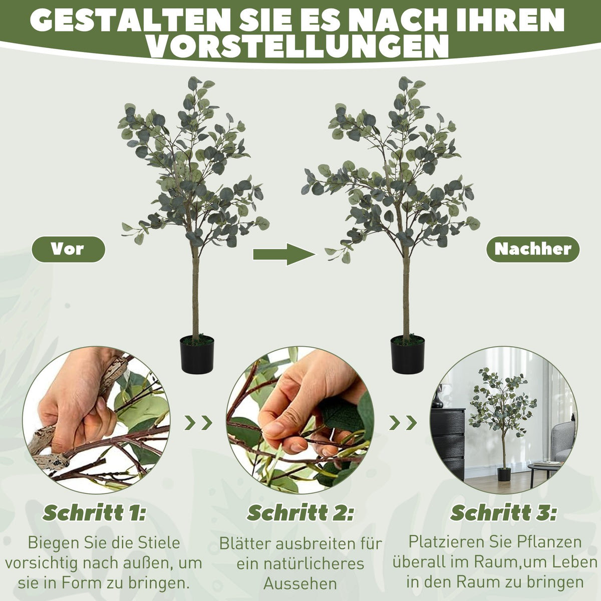 Artificial Eucalyptus Tree Large 150 cm Artificial Plant Artificial Plants Eucalyptus in Pot, Artificial Tree Like Real with Artificial Grass, Cement for Living Room, Bedroom, Office, Garden