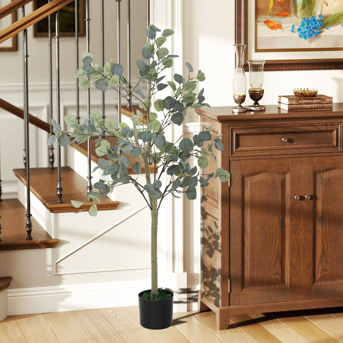 Artificial Eucalyptus Tree Large 150 cm Artificial Plant Artificial Plants Eucalyptus in Pot, Artificial Tree Like Real with Artificial Grass, Cement for Living Room, Bedroom, Office, Garden