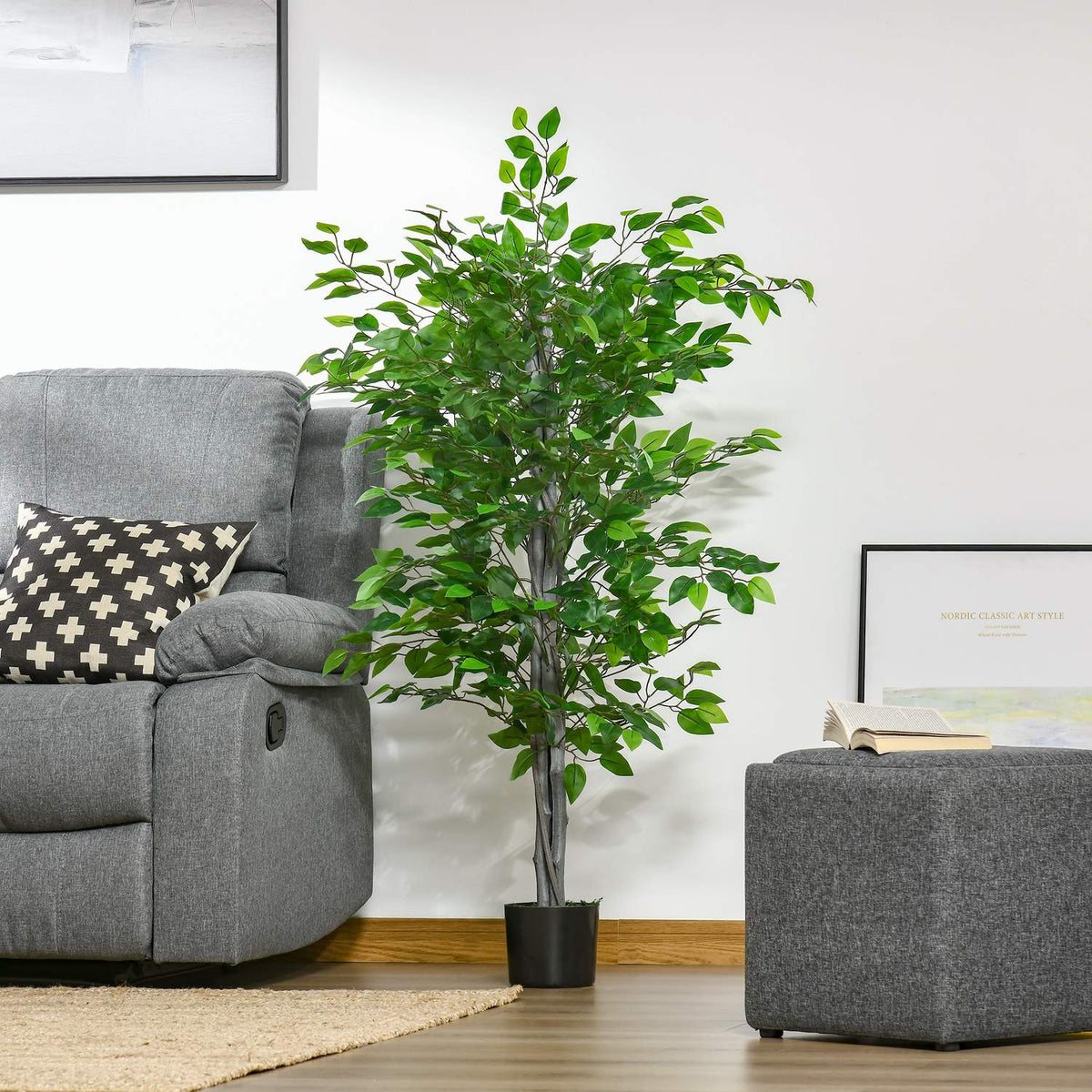 Artificial Ficus Tree Large 135 cm Artificial Plant, Plastic Artificial Plants Ficus in Pot, Artificial Tree Like Real with Cement, Artificial Grass for Living Room Bedroom Office Garden