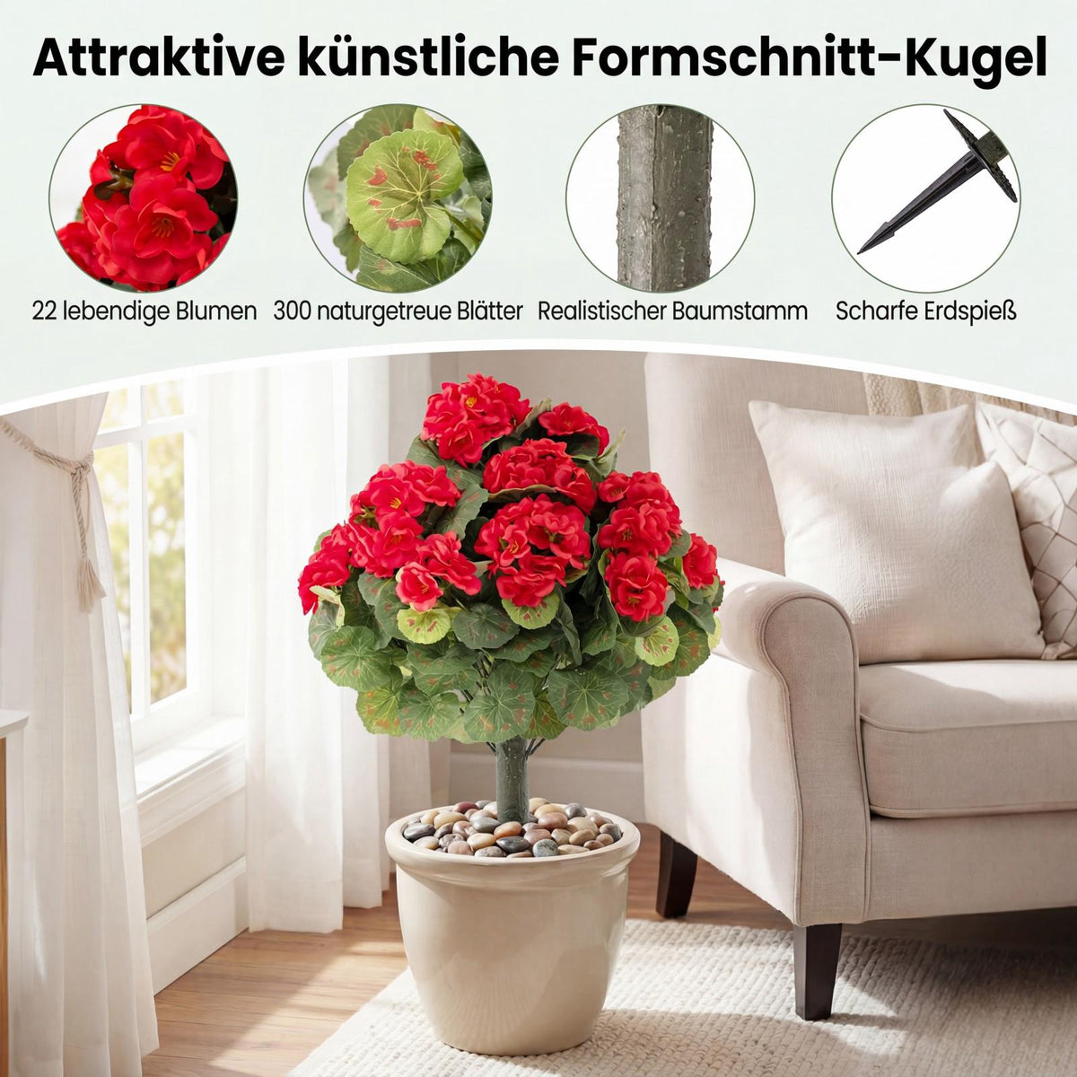 Artificial Geraniums Set of 2, Red, With Ground Stakes