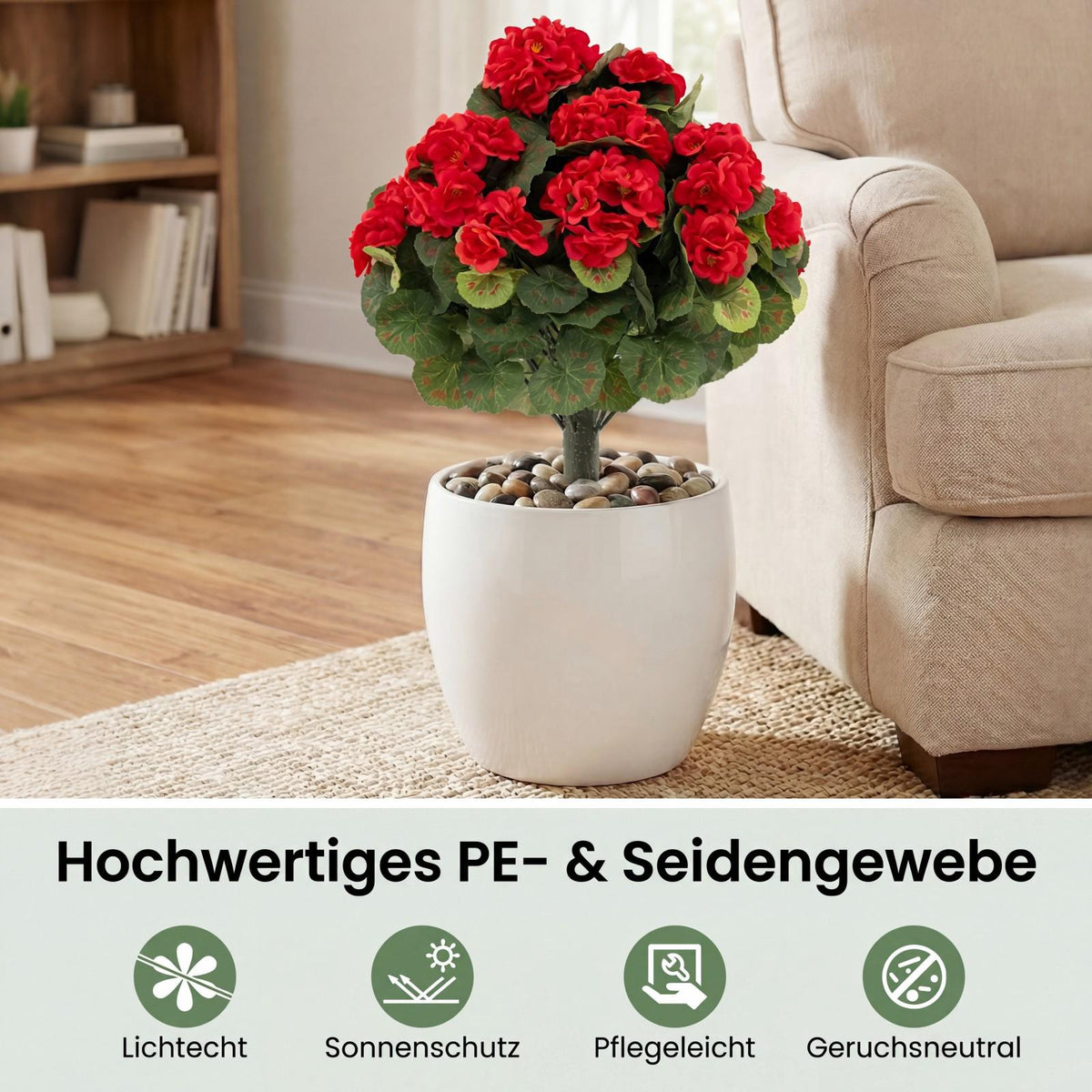 Artificial Geraniums Set of 2, Red, With Ground Stakes