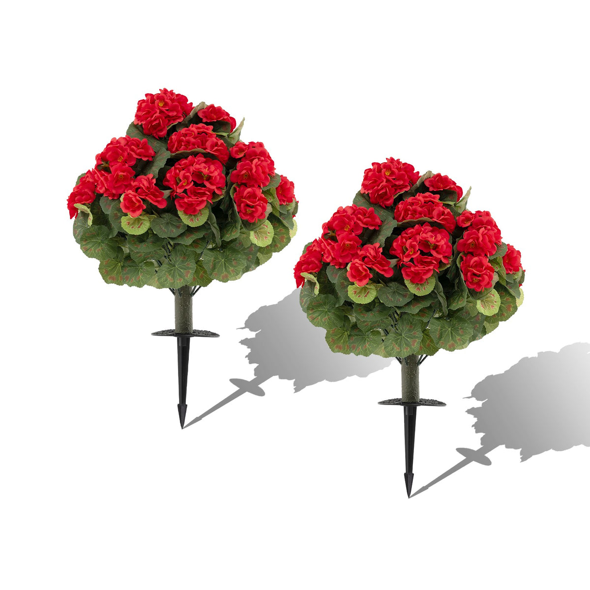 Artificial Geraniums Set of 2, Red, With Ground Stakes