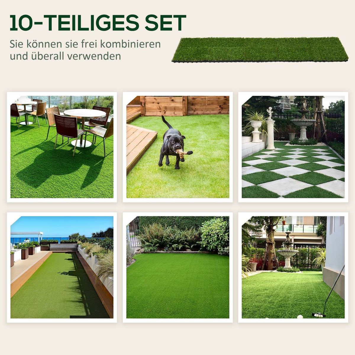 Artificial Grass Pack Of 10 Lawn Carpet 30 X 30 Cm Artificial Roll Turf Ideal For Garden & Balcony 25 Mm Plastic Dark Green