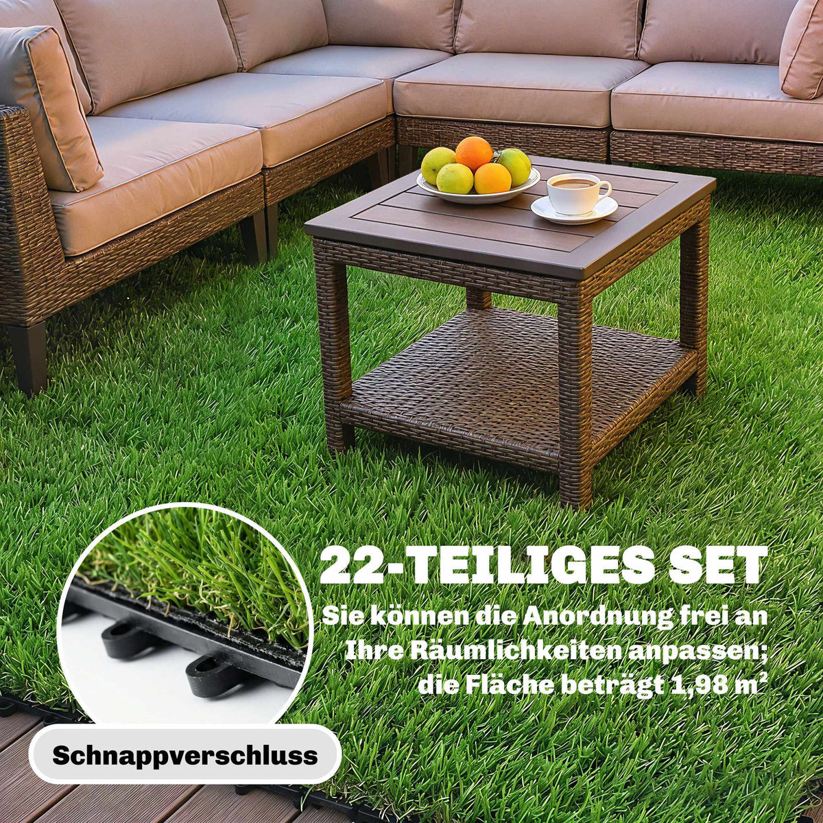 Artificial Grass Tiles Set, 22 Pieces, 30x30 cm, Drainage System