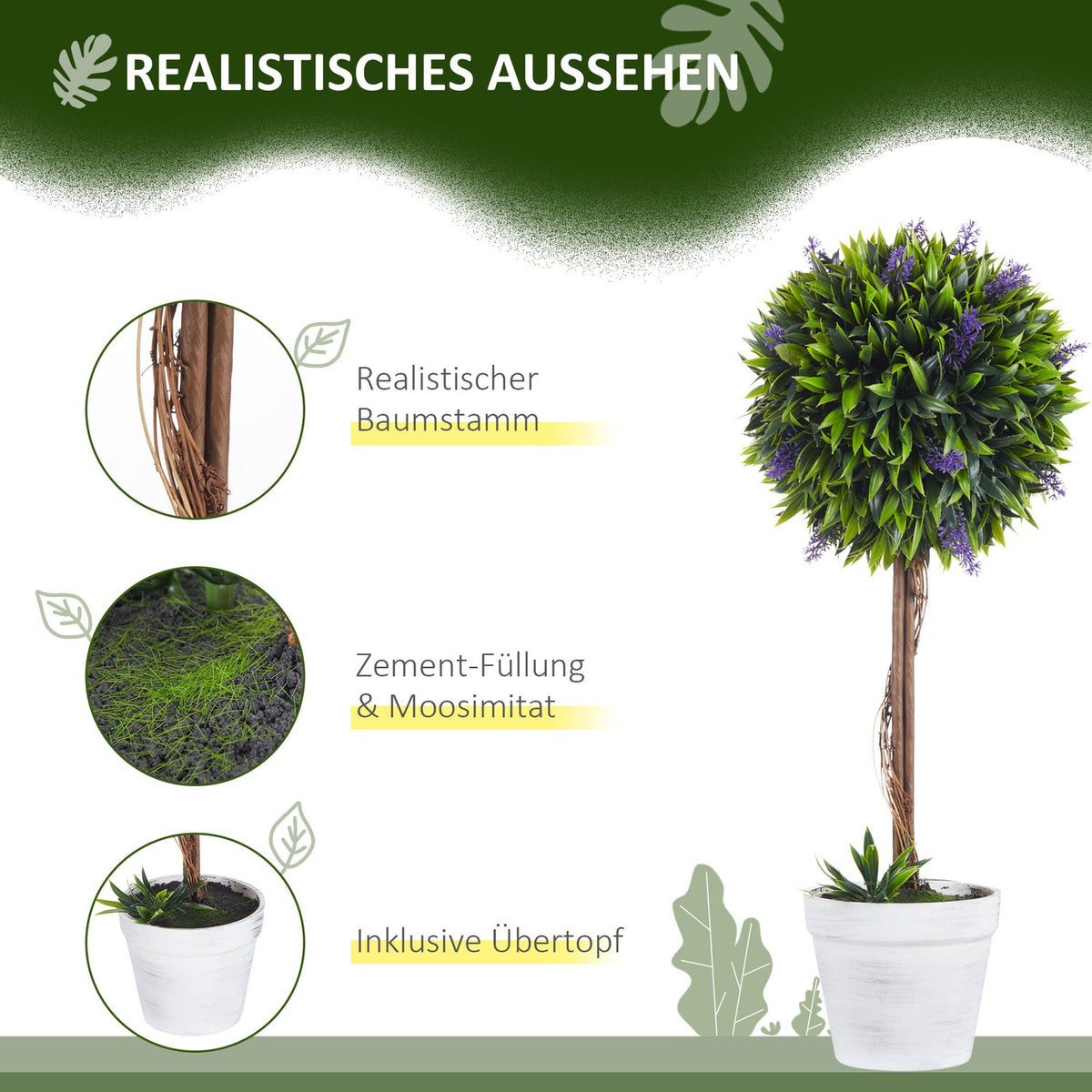 Artificial Lavender Plant Set of 2 Artificial Plants, 60 cm Houseplant in Pot, Artificial Tree with Artificial Moss for Indoor, Outdoor