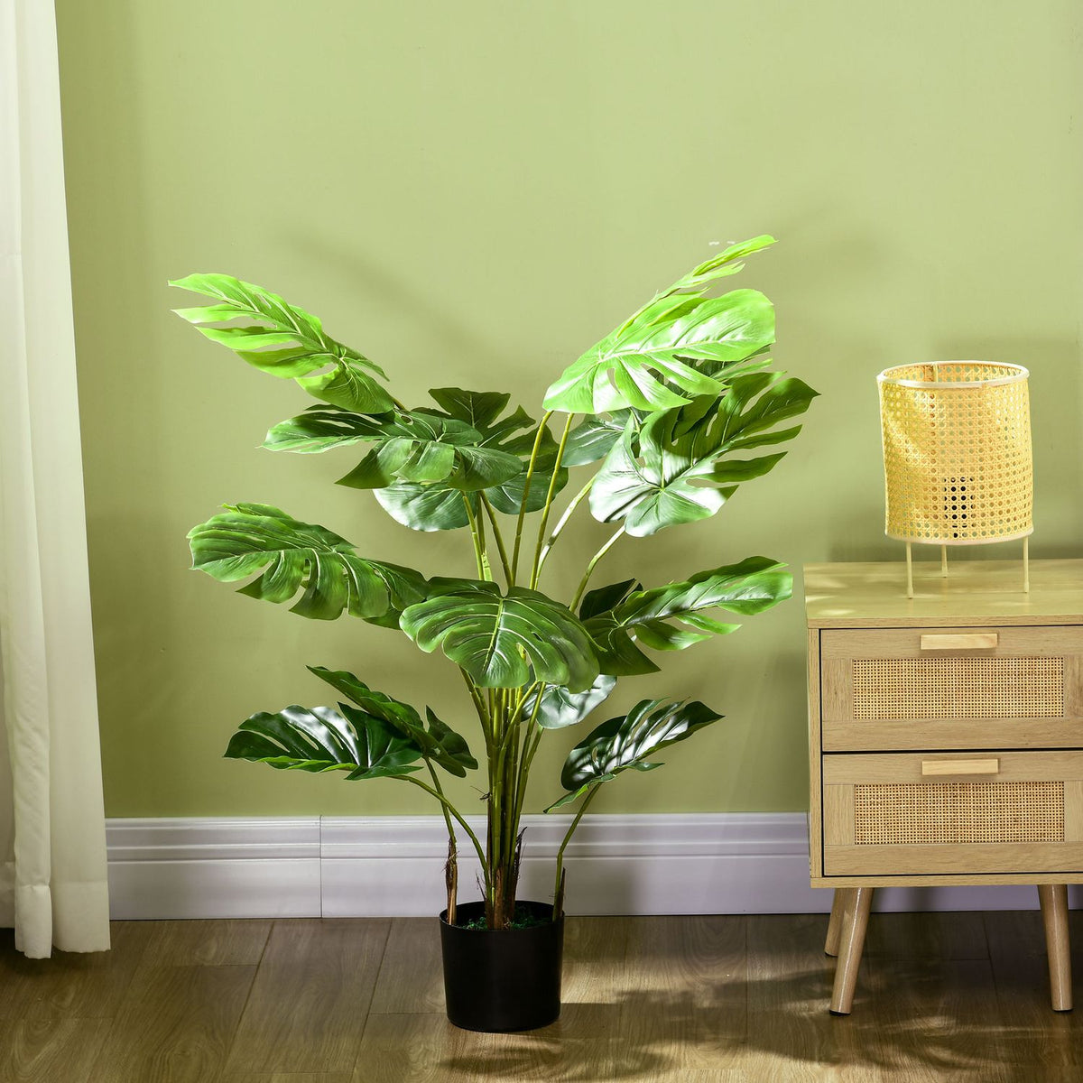 Artificial Monstera 120Cm Artificial Plant With Planter And Pe Moss, Deceptively Real, For Living Room, Green