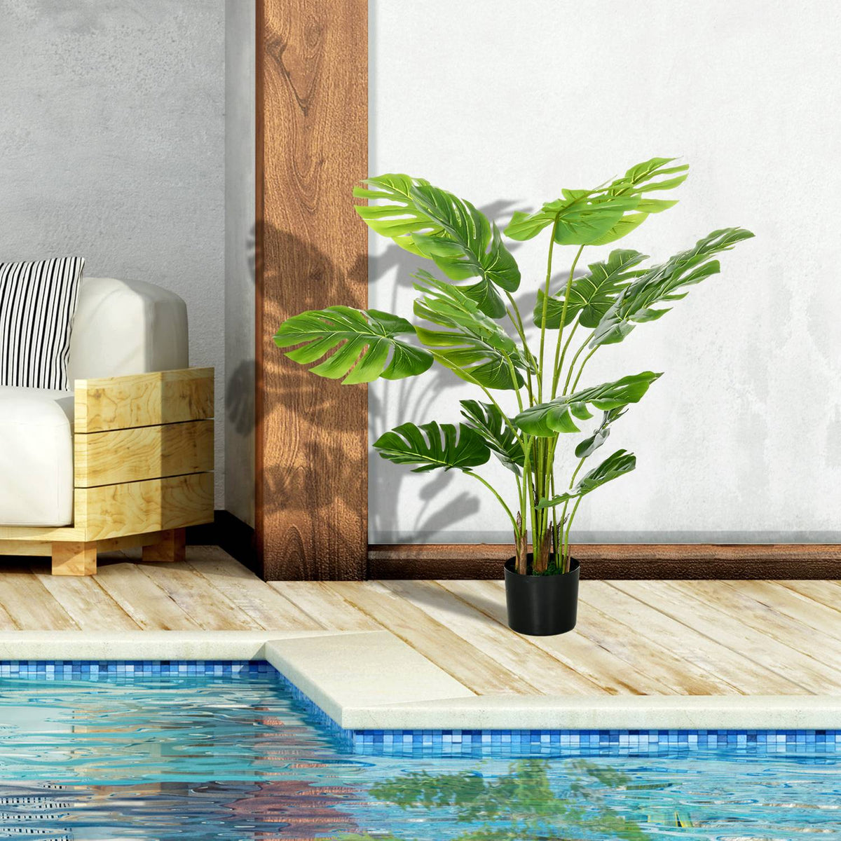 Artificial Monstera 120Cm Artificial Plant With Planter And Pe Moss, Deceptively Real, For Living Room, Green