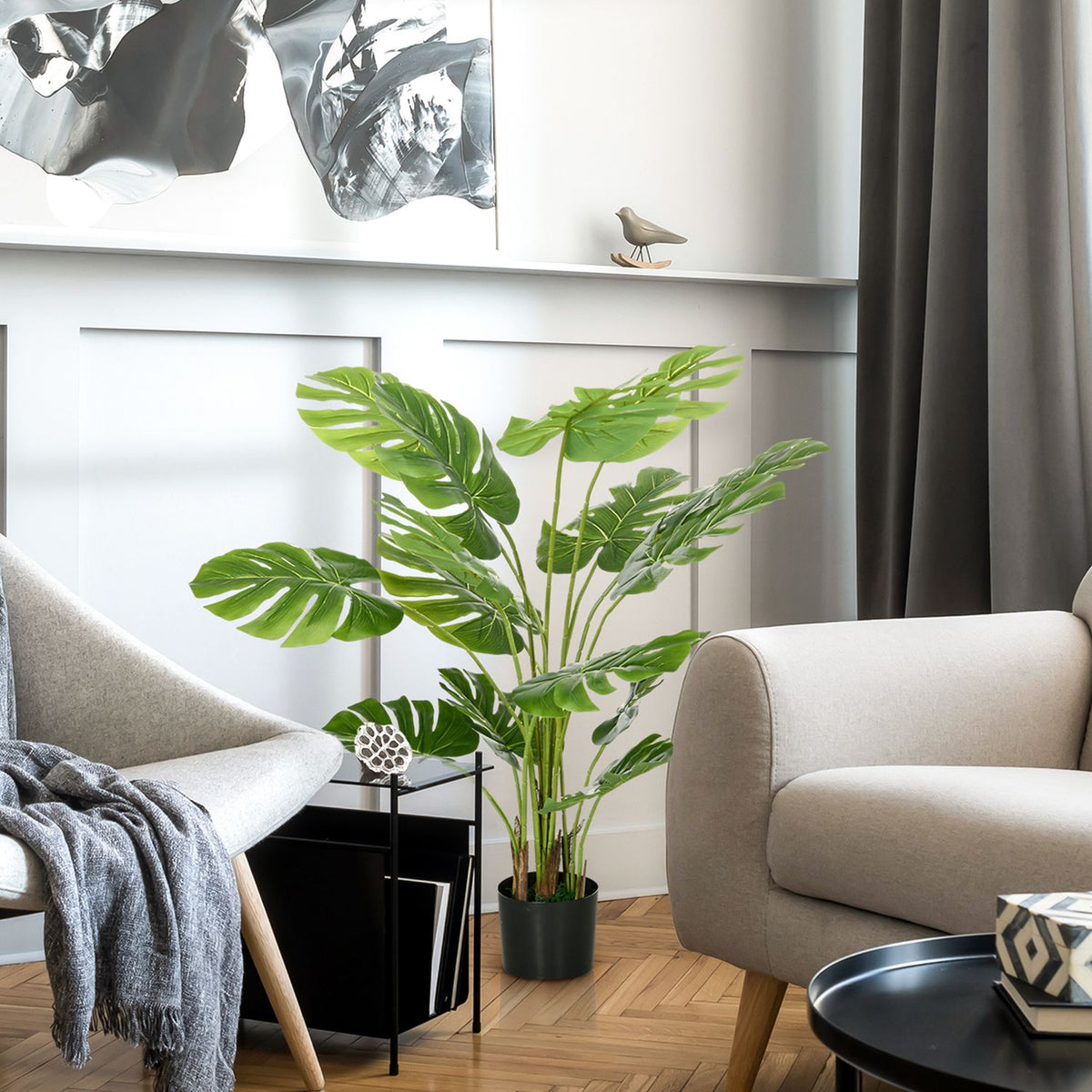 Artificial Monstera 120Cm Artificial Plant With Planter And Pe Moss, Deceptively Real, For Living Room, Green