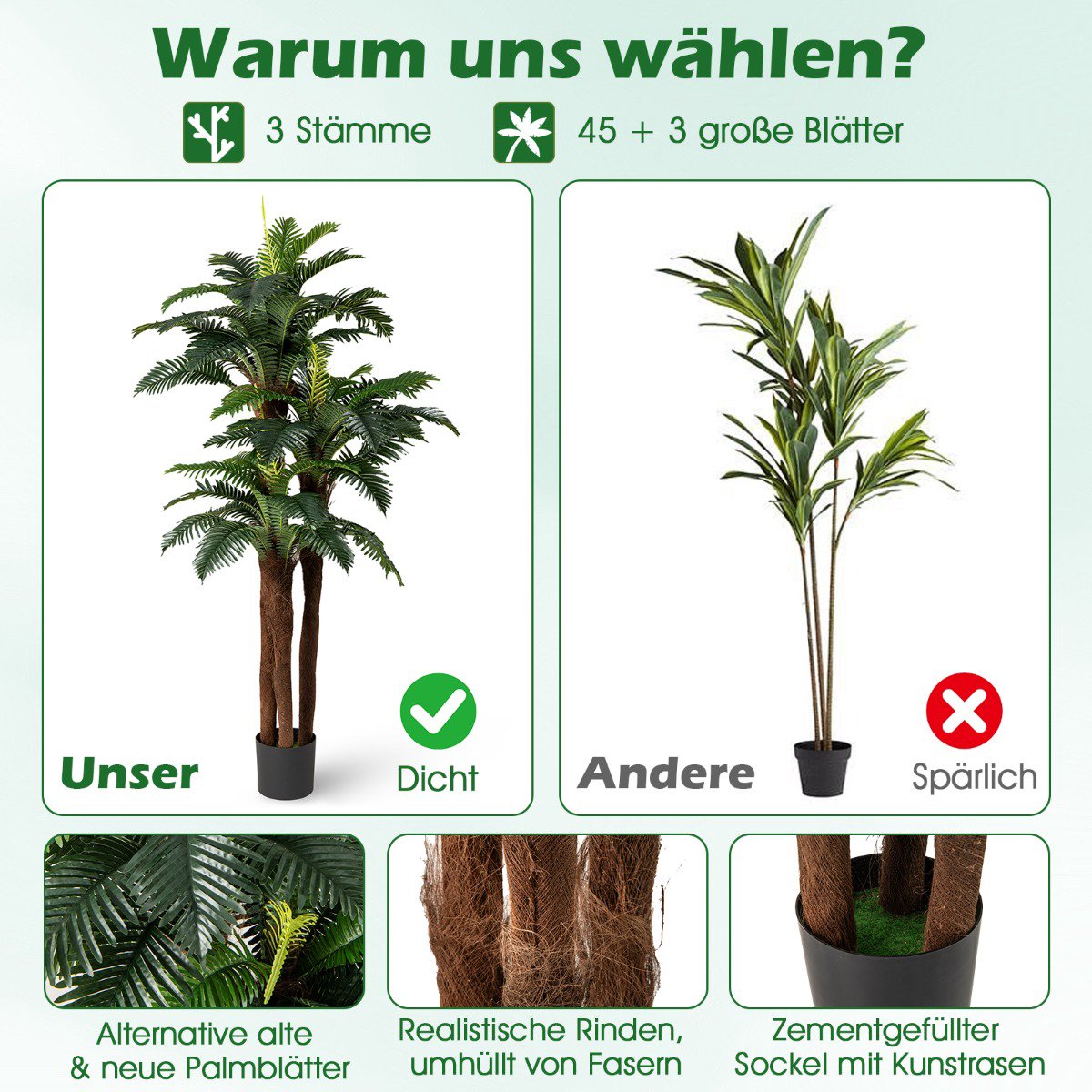 Artificial Palm Tree Set with Adjustable Leaves, 191 cm