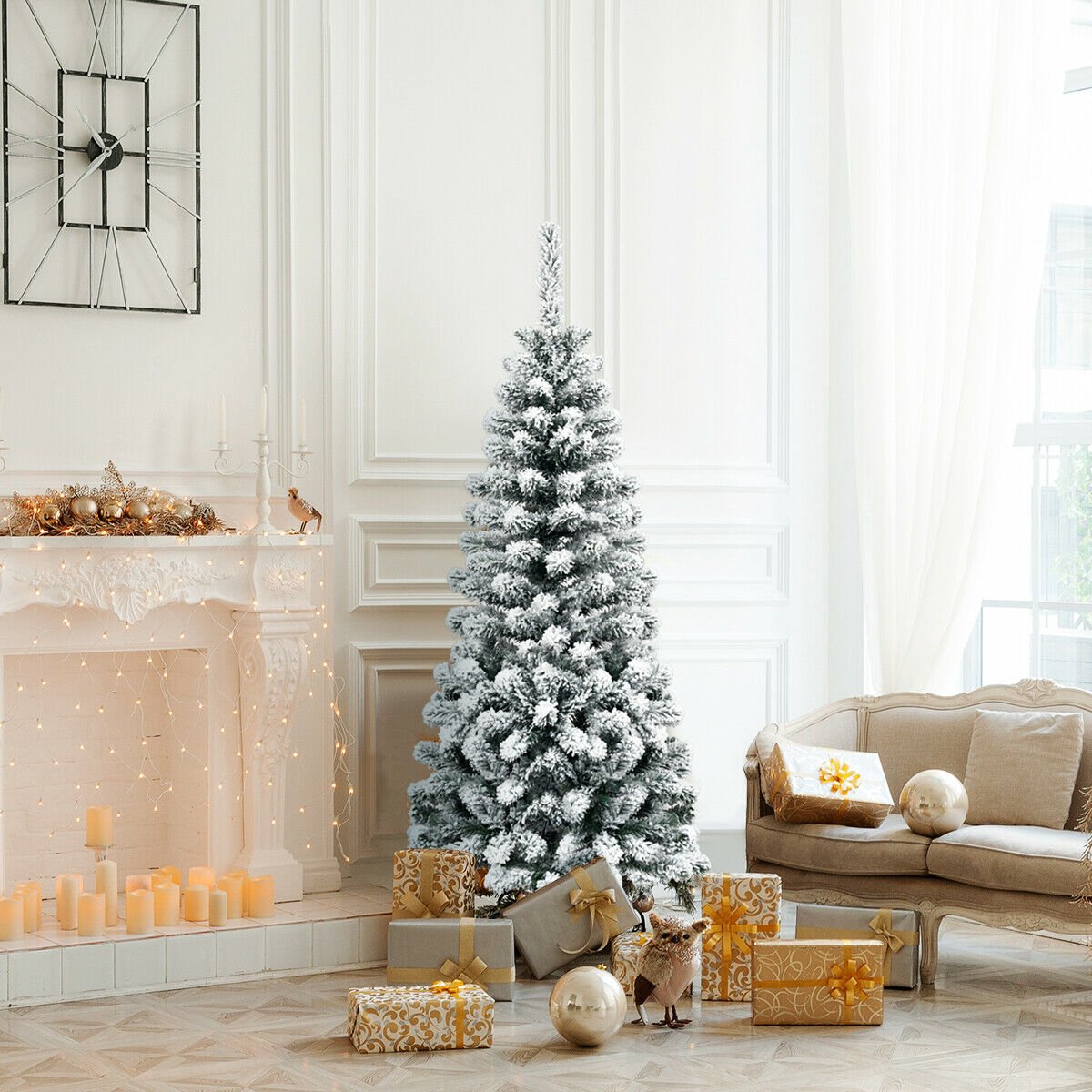 Artificial Pencil Christmas Tree, 4.5 Ft, Snow-Flocked; Unlit
