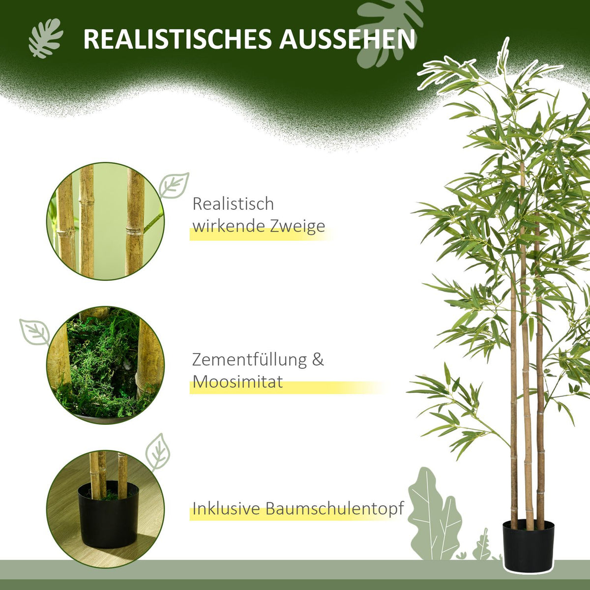 Artificial Plants, Artificial Bamboo, 180 cm Artificial Plant with 830 Leaves, Houseplant, Artificial Tree, Plant Decoration for Indoor, Green