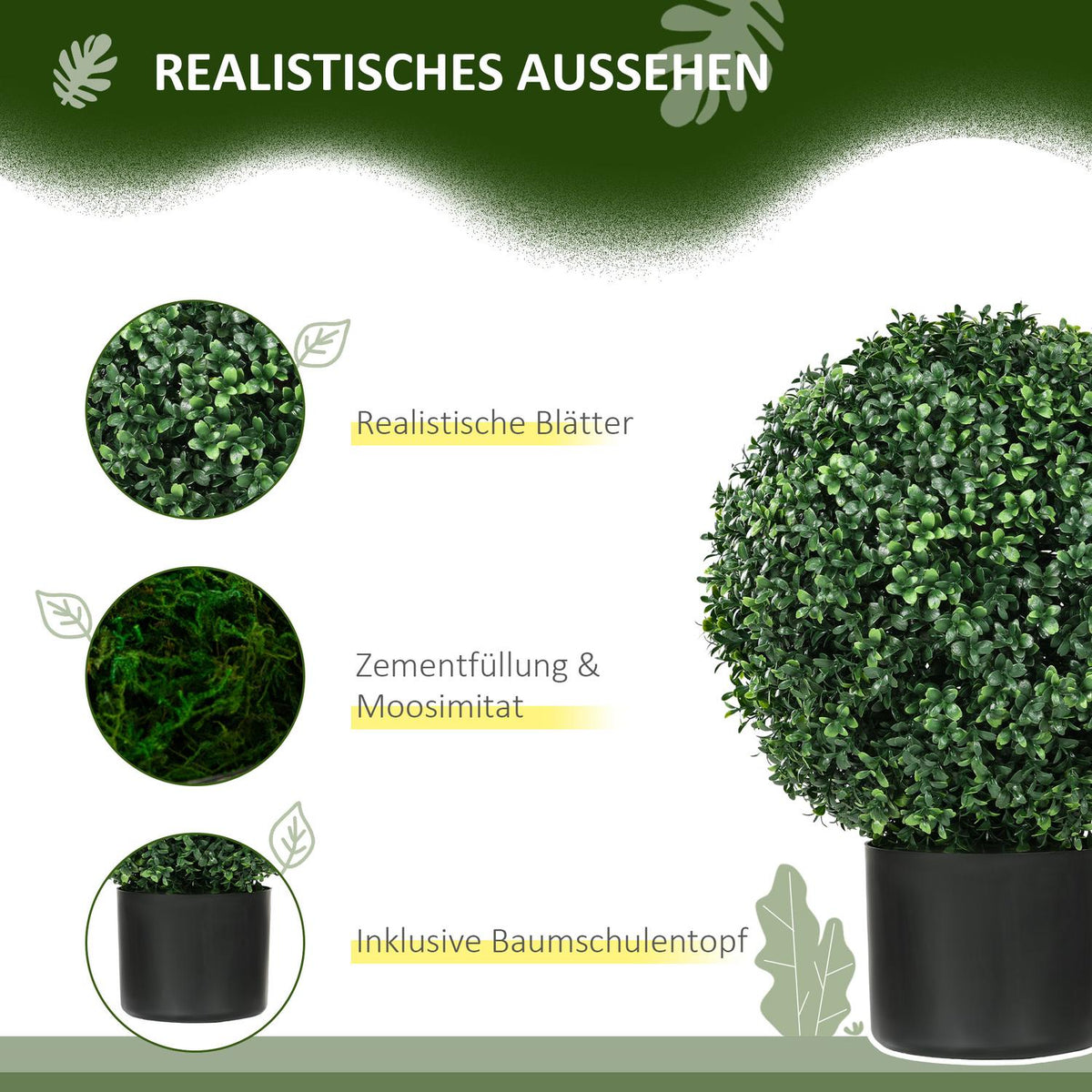 Artificial Plants, Set of 2 UV Resistant Artificial Plants in Flower Pot, 52cm Box Trees, Houseplant for Garden, Living Room, Green