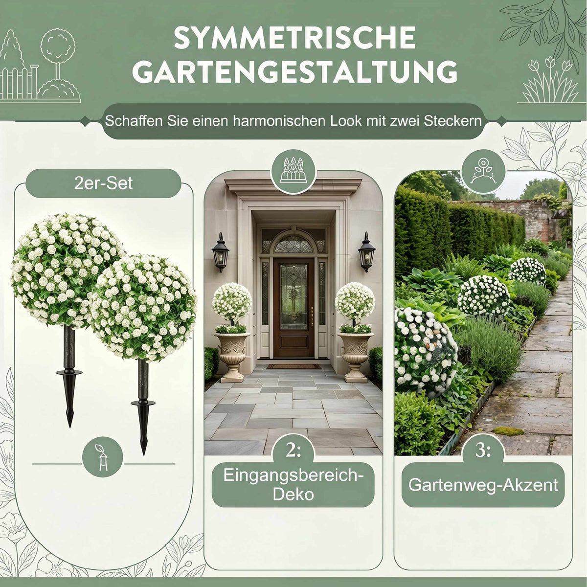 Artificial Rose Ball Topiary Stakes, 2-Pack, UV-Resistant, White