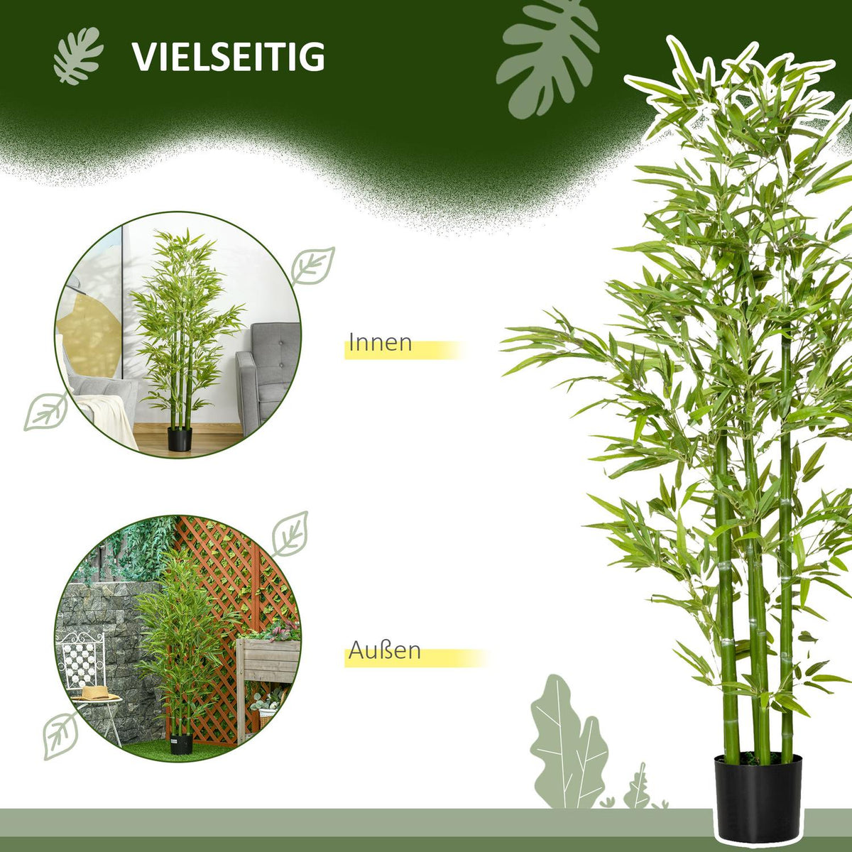 Artificial bamboo plant, 924 leaves, sturdy pot, artificial moss, plastic, green