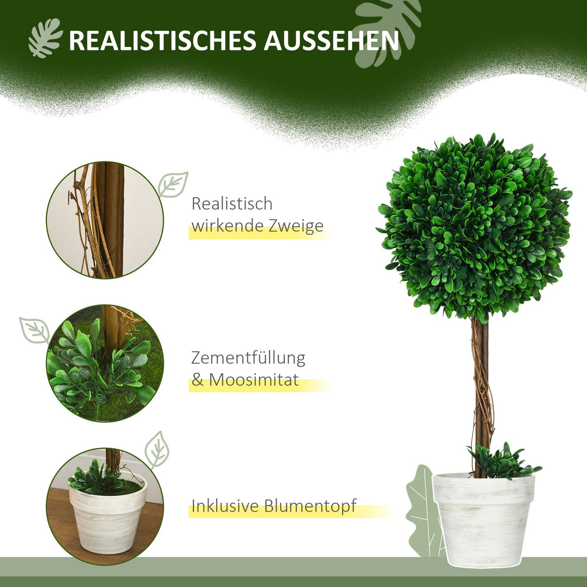 Artificial boxwood set of 2, UV-resistant artificial plants, 60cm, in flower pot, for living room, green