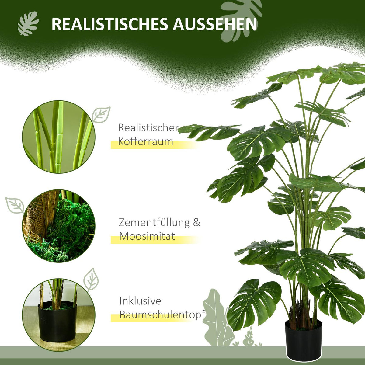 Artificial plants, artificial Monstera Deliciosa, 180 cm artificial plant with 24 branches, houseplant, artificial tree, plant decoration for indoor, green