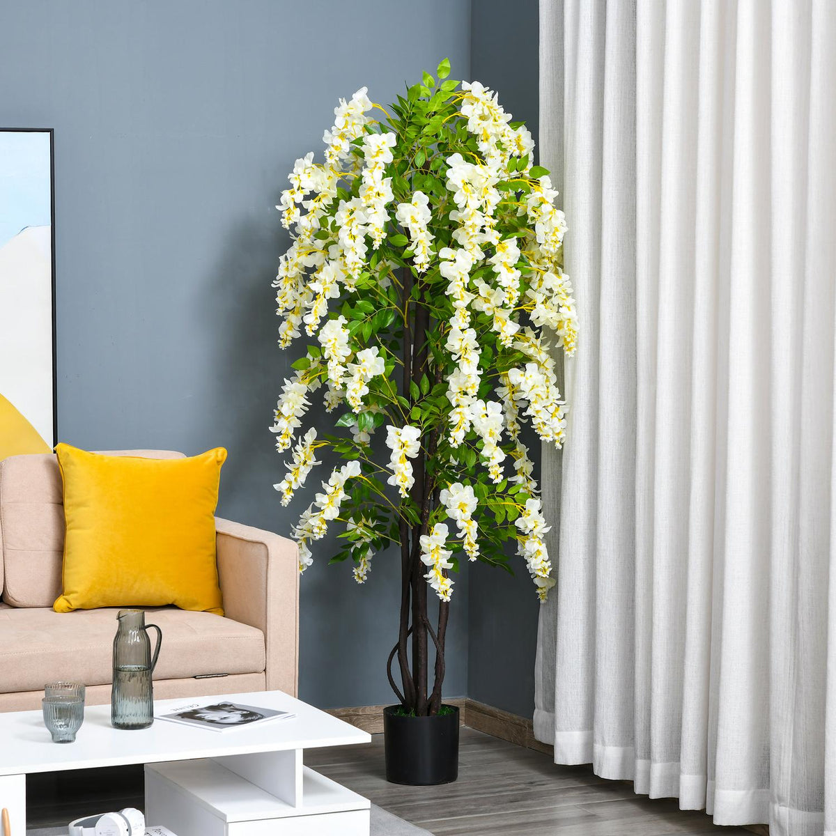Artificial plant with white wisteria Decorative artificial plants in a pot, 1.65m, plastic cement, white + green