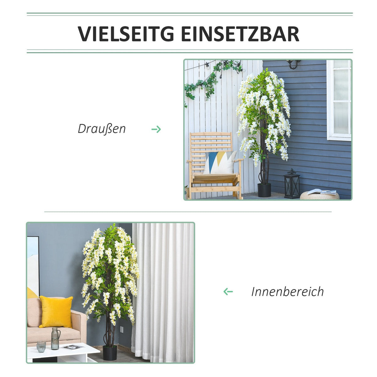 Artificial plant with white wisteria Decorative artificial plants in a pot, 1.65m, plastic cement, white + green