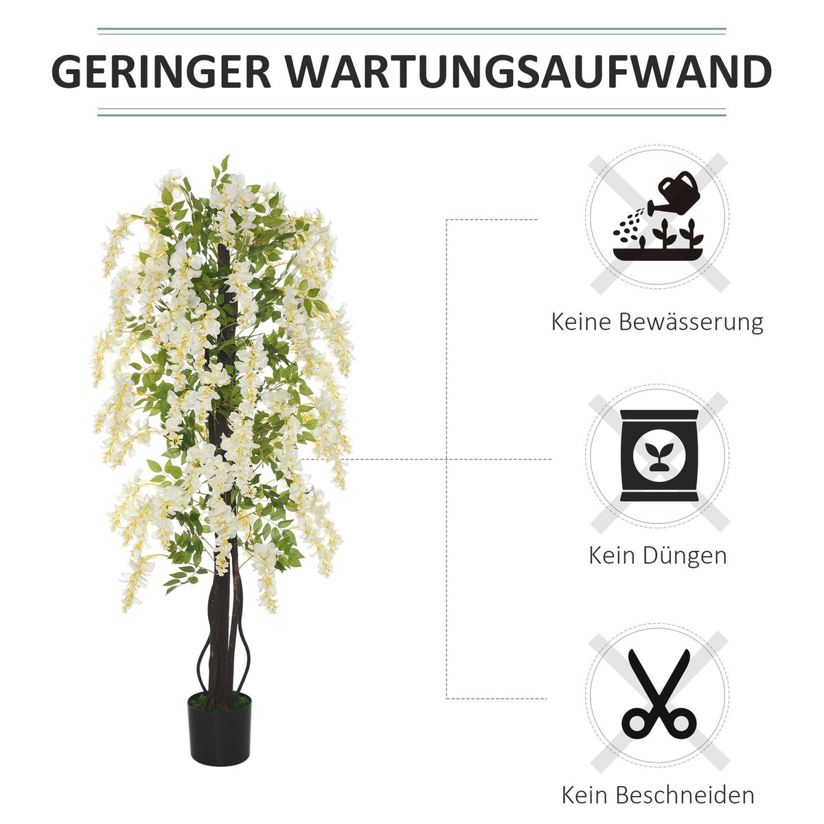 Artificial plant with white wisteria Decorative artificial plants in a pot, 1.65m, plastic cement, white + green