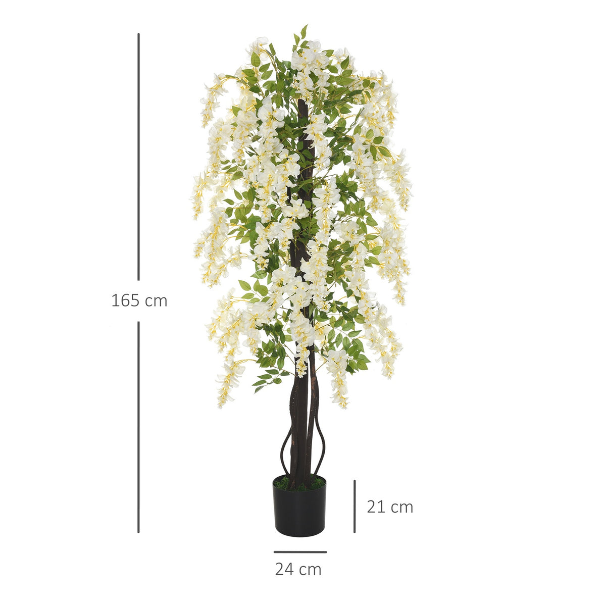 Artificial plant with white wisteria Decorative artificial plants in a pot, 1.65m, plastic cement, white + green