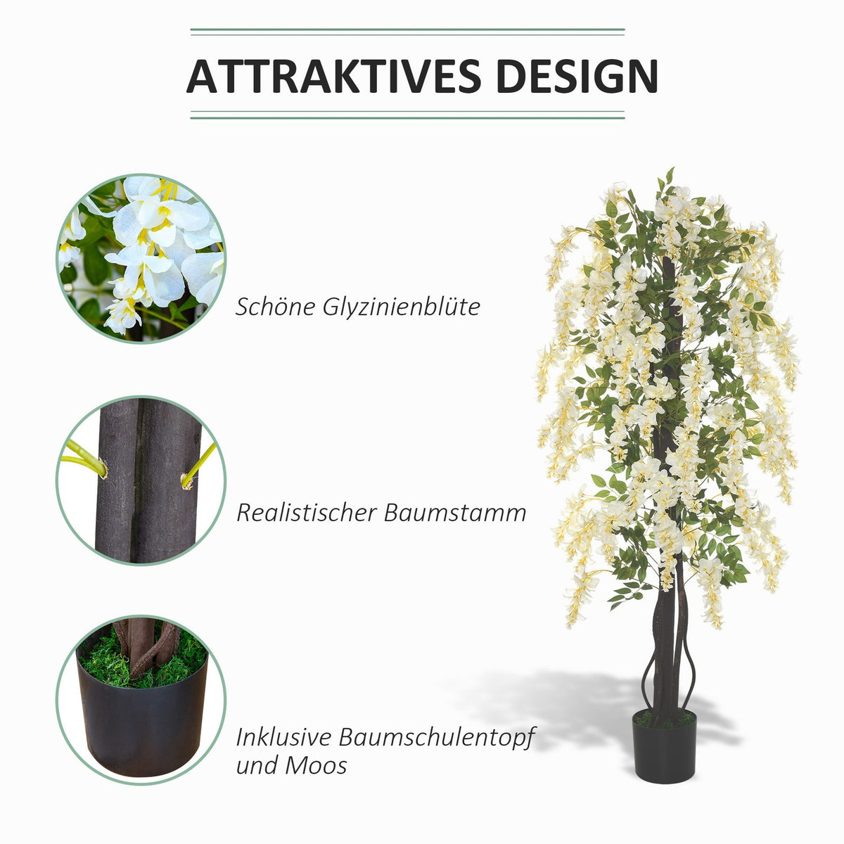Artificial plant with white wisteria Decorative artificial plants in a pot, 1.65m, plastic cement, white + green