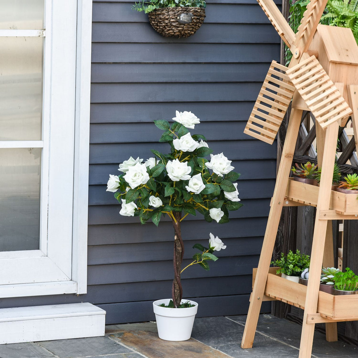 Artificial rose plants large 90 cm artificial plant, plastic artificial plants rose tree in pot, artificial tree like real for living room bedroom office garden modern decoration gift