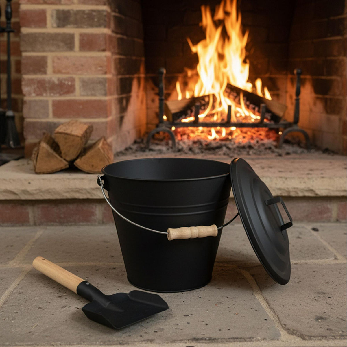 Ash Bin with Brush and Shovel – Iron, Black