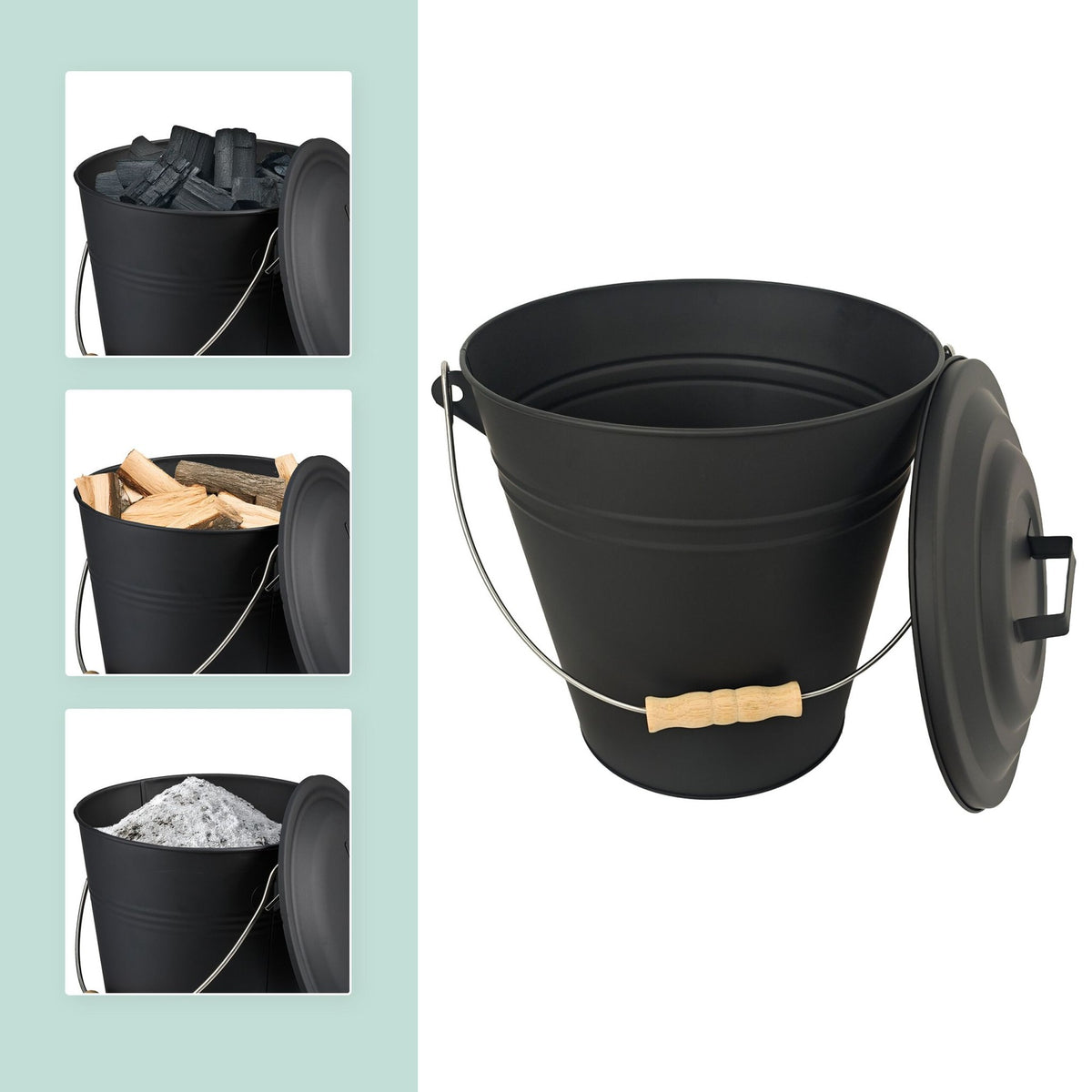 Ash Bin with Brush and Shovel – Iron, Black
